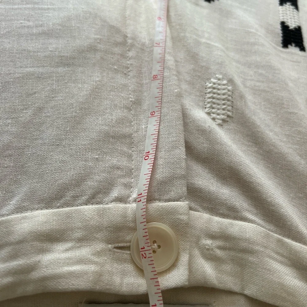 Zara Embroidered High Rise Waist Linen Crop Straight Beige Green Pant Womens M